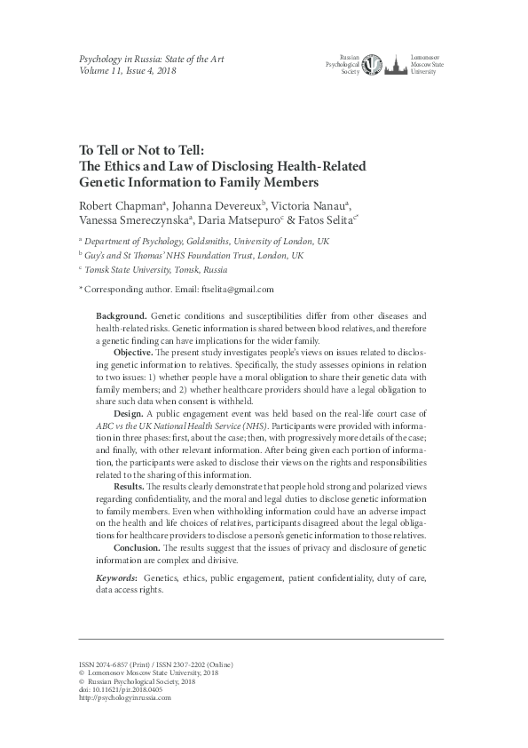 (PDF) To Tell or Not to Tell: The Ethics and Law of Disclosing Health ...