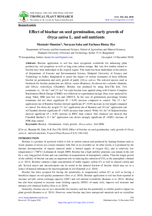 (PDF) Effect of biochar on seed germination, early growth of Oryza ...