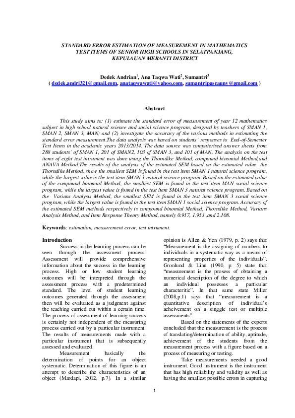 (PDF) STANDARD ERROR ESTIMATION OF MEASUREMENT IN MATHEMATICS TEST ...