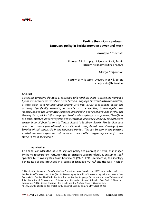 Peeling the onion top-down: Language policy in Serbia between power and myth