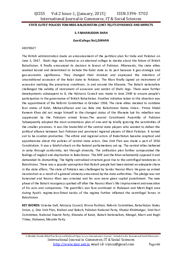 STATE ELITES’ POLICIES TOWARDS-BALOCHISTAN (1947-70).ITS DYNAMICS AND IMPACTS