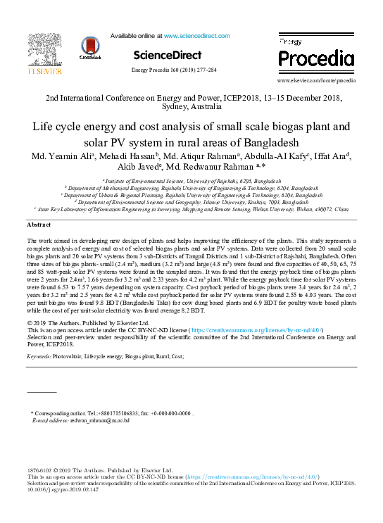(PDF) Life cycle energy and cost analysis of small scale biogas plant ...