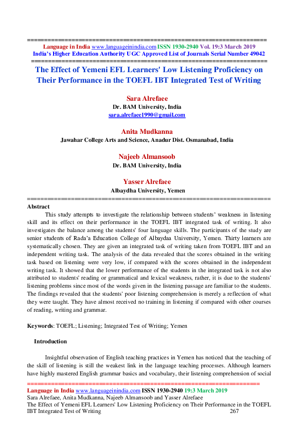 (PDF) The Effect of Yemeni EFL Learners' Low Listening Proficiency on ...