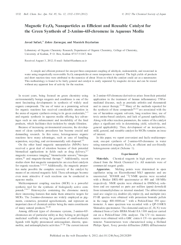 (PDF) Magnetic Fe 3 O 4 Nanoparticles as Efficient and Reusable ...