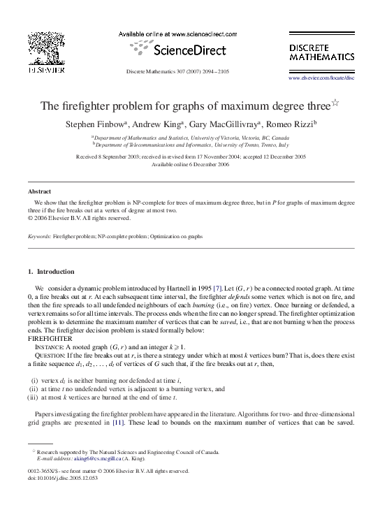 (PDF) The firefighter problem for graphs of maximum degree three