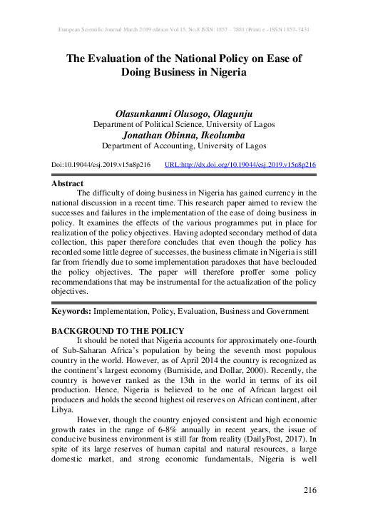 (PDF) The Evaluation of the National Policy on Ease of Doing Business ...
