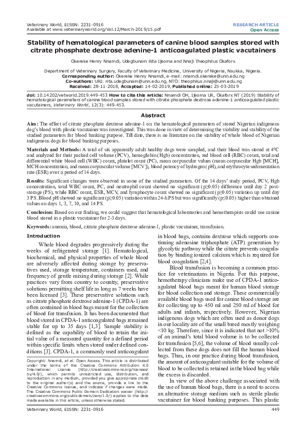(PDF) Stability of hematological parameters of canine blood samples