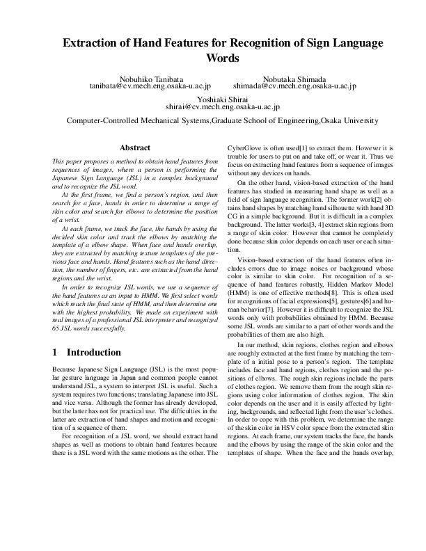 (PDF) Extraction of hand features for recognition of sign language words