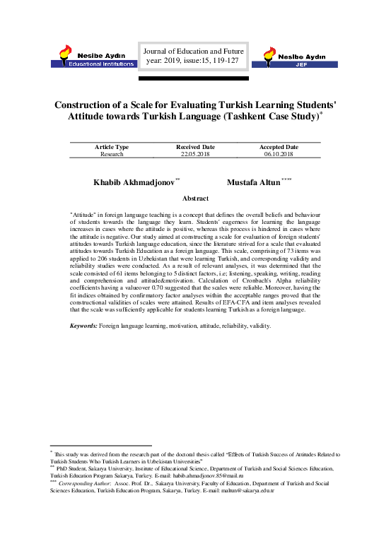 (PDF) Construction of a Scale for Evaluating Turkish Learning Students ...