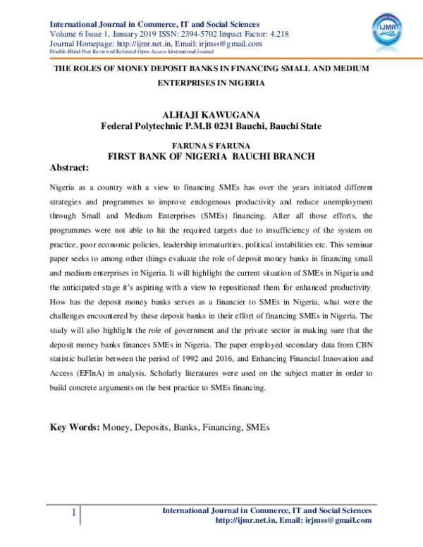 (PDF) THE ROLES OF MONEY DEPOSIT BANKS IN FINANCING SMALL AND MEDIUM