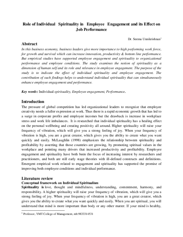 (DOC) Role of Individual Spirituality in Employee Engagement and its ...