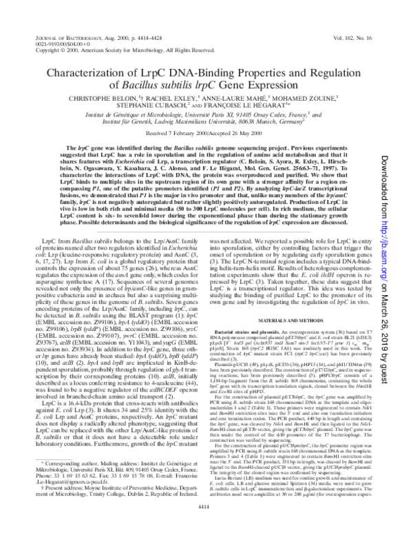 (PDF) Characterization of LrpC DNA-Binding Properties and Regulation of ...