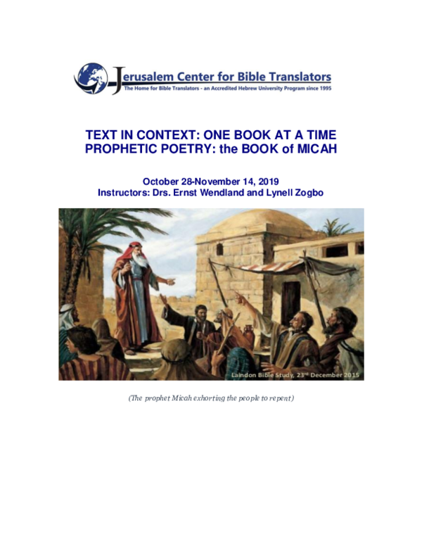 (DOC) STUDYING and TRANSLATING MICAH: TEXT-in-CONTEXT, announcement