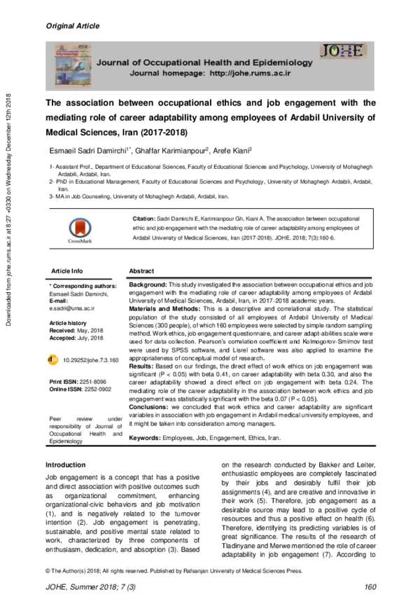 Pdf The Association Between Occupational Ethics And Job Engagement With The Mediating Role Of Career Adaptability Among Employees Of Ardabil Journal Johe And Ghaffar Karimianpour Academia Edu