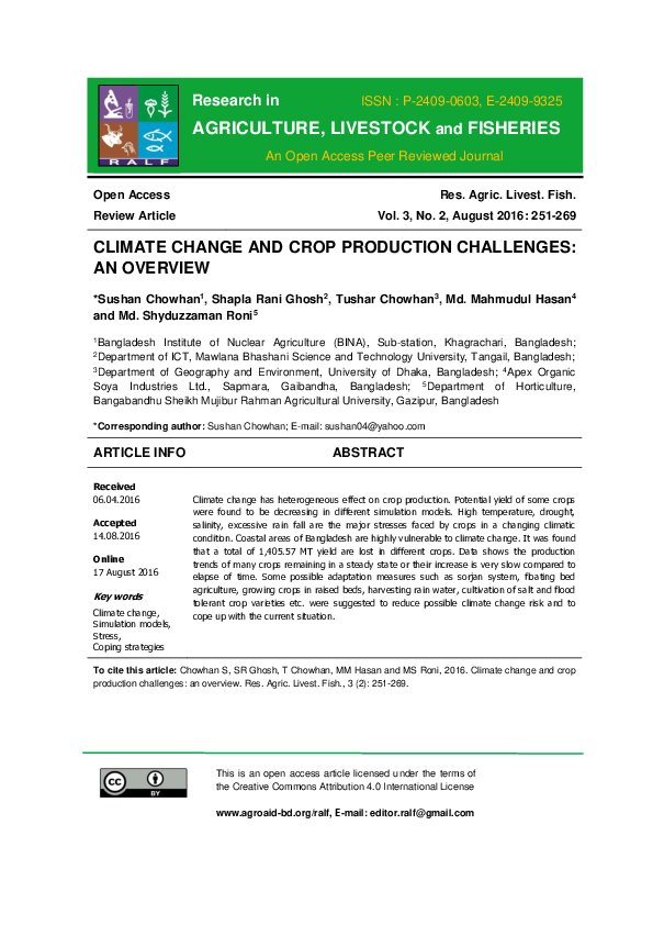 (PDF) CLIMATE CHANGE AND CROP PRODUCTION CHALLENGES: AN OVERVIEW