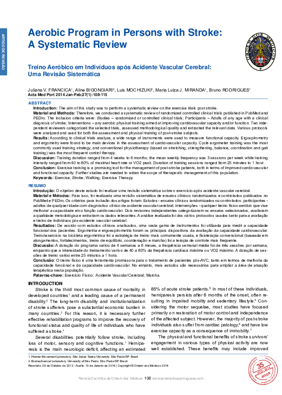 (PDF) Aerobic program in persons with stroke: a systematic review