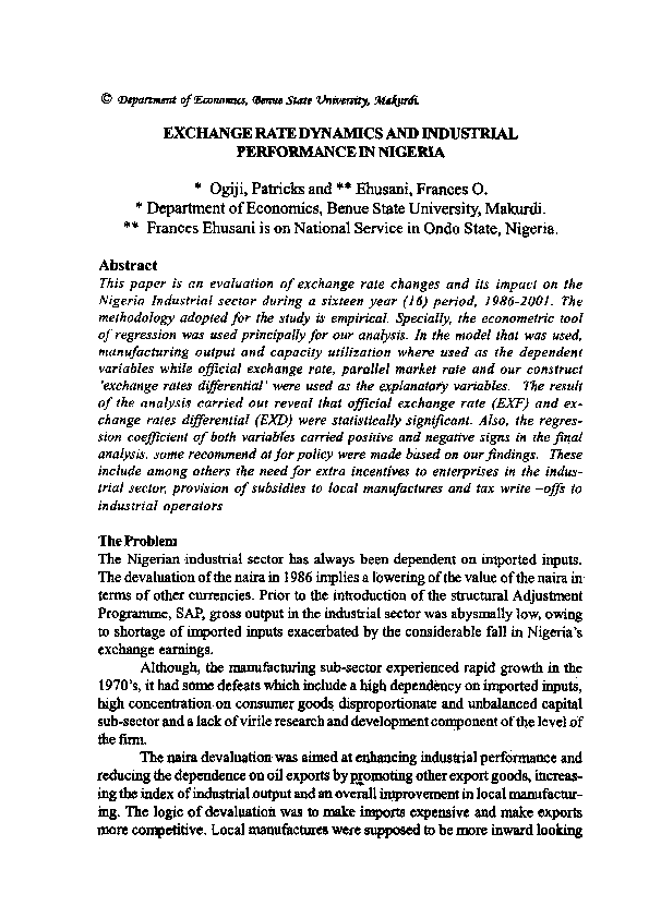 (PDF) EXCHANGE RATE DYNAMICS AND INDUSTRIAL PERFORMANCE IN NIGERIA