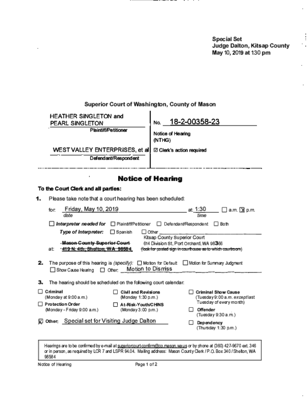 PDF) Singletons v. West Valley - Torrens Application - Note for Motion to  dismiss Torrens Case (May 8, 2019) by Washington Governor Inslee,  Washington AG Ferguson, and Thurston County Superior Court judges |