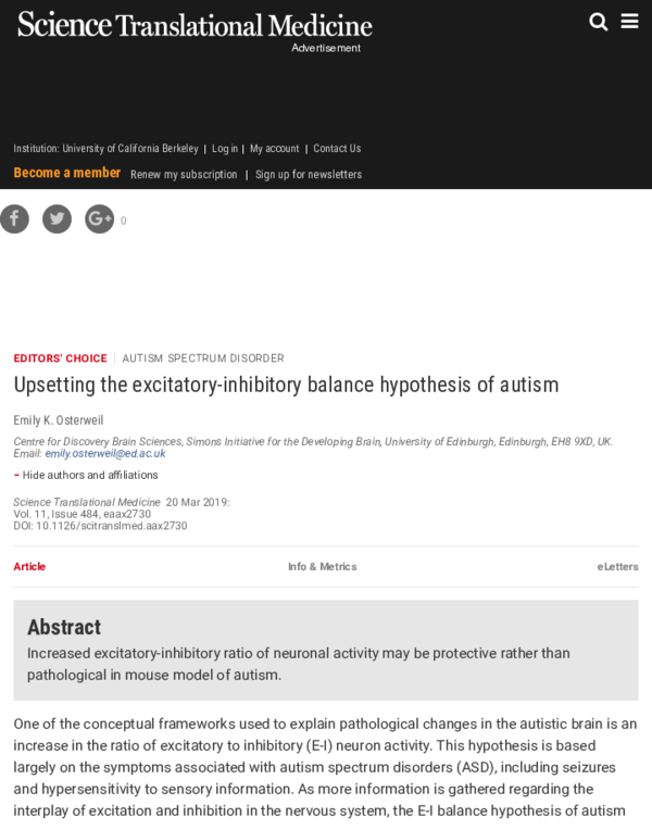(PDF) Upsetting the excitatoryinhibitory balance hypothesis of autism Michelle W Antoine