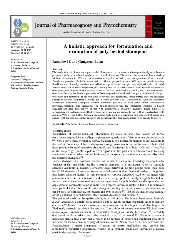 (PDF) A holistic approach for formulation and evaluation of poly herbal shampoos Renu Karri