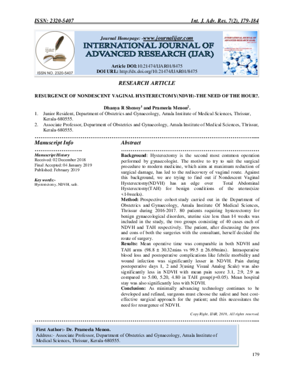 PDF) RESURGENCE OF NONDESCENT VAGINAL HYSTERECTOMY(NDVH)-THE NEED ...