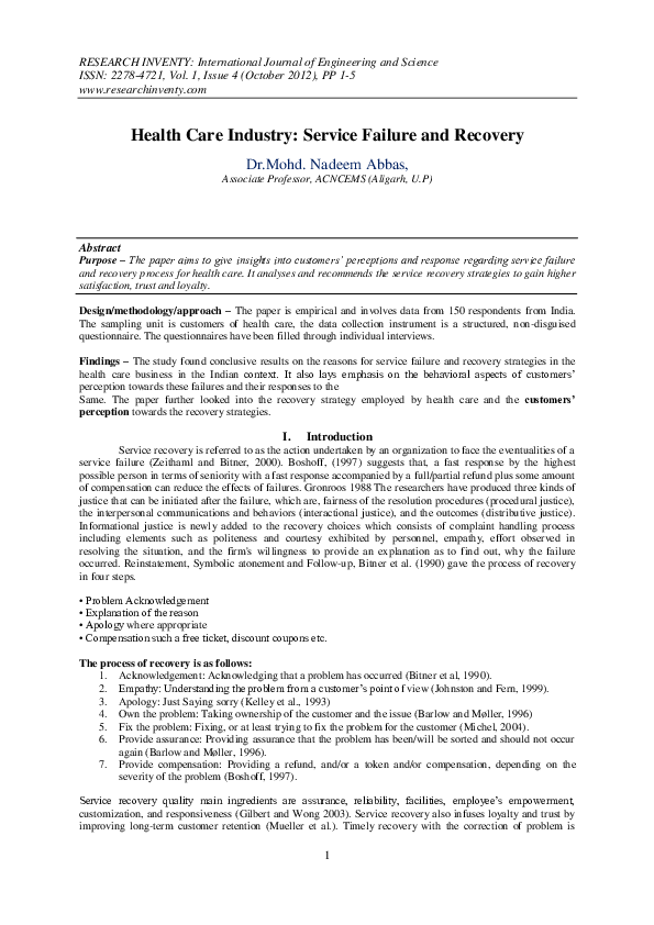 (PDF) Health Care Industry: Service Failure and Recovery