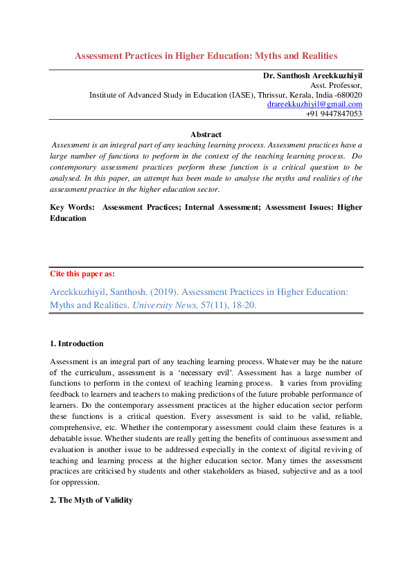 (PDF) Assessment Practices in Higher Education: Myths and Realities