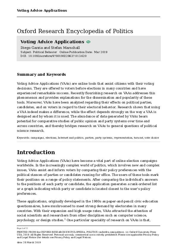 Oxford Research Encyclopedia of Politics: Voting Advice Applications