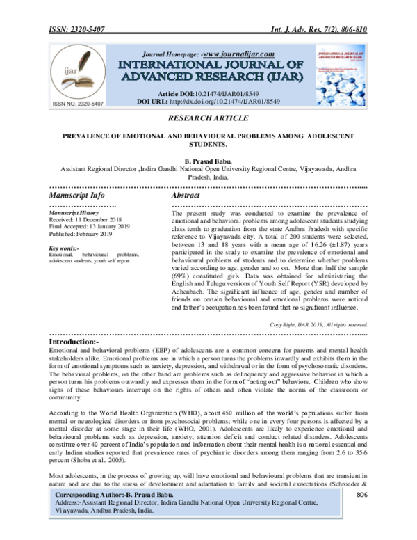 (PDF) PREVALENCE OF EMOTIONAL AND BEHAVIOURAL PROBLEMS AMONG ADOLESCENT ...