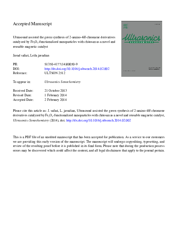 (PDF) Ultrasound assisted the green synthesis of 2-amino-4H-chromene ...