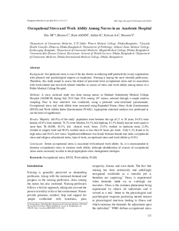 (PDF) Occupational Stress and Work Ability Among Nurses in an Academic ...