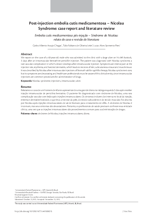 (PDF) Postinjection embolia cutis medicamentosa Nicolau Syndrome