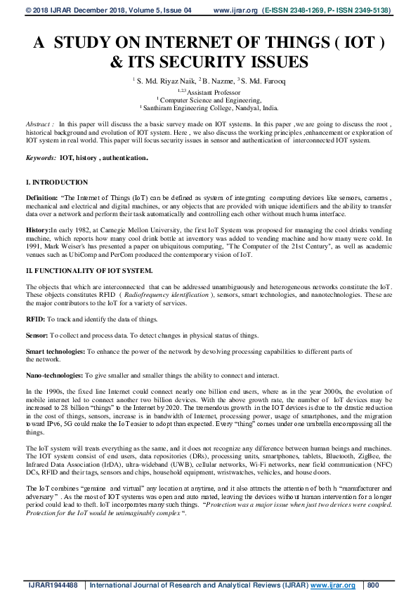 (PDF) A STUDY ON INTERNET OF THINGS ( IOT ) & ITS SECURITY ISSUES