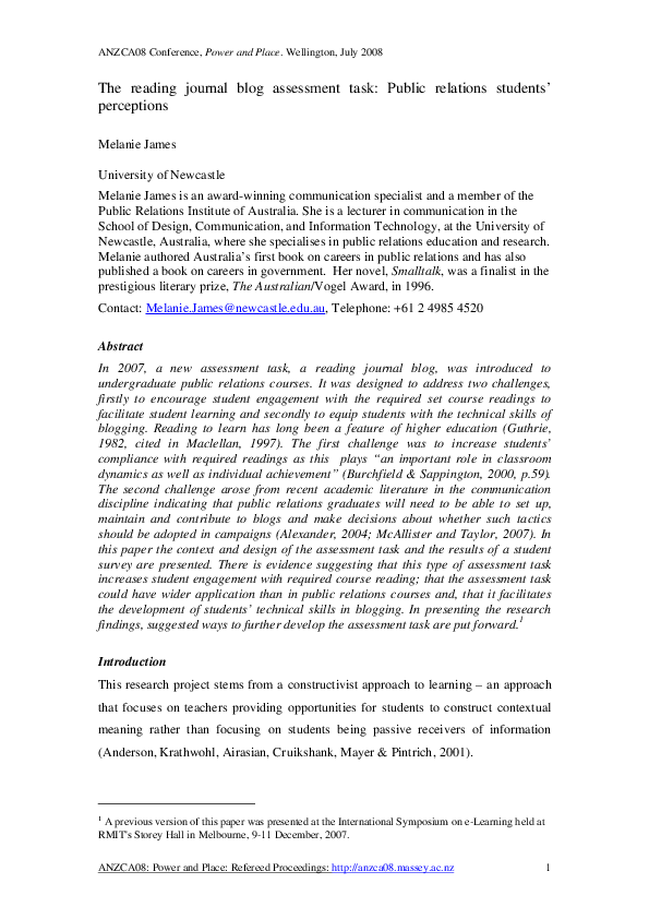 (PDF) The reading journal blog assessment task: Public relations ...