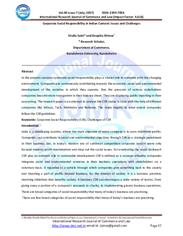 (PDF) Corporate Social Responsibility in Indian Context: Issues and ...