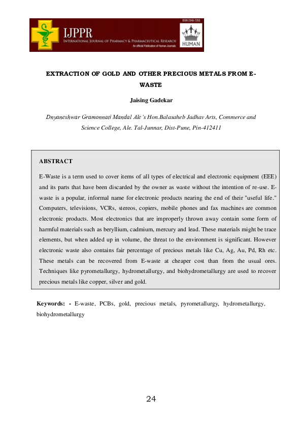 (PDF) .Extraction of Gold and other precious metals from E waste