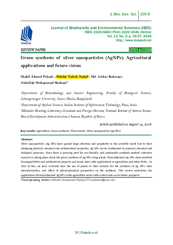 (PDF) Green synthesis of silver nanoparticles (AgNPs): Agricultural ...