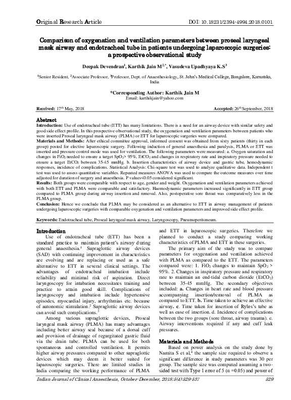 (PDF) Comparison of oxygenation and ventilation parameters between
