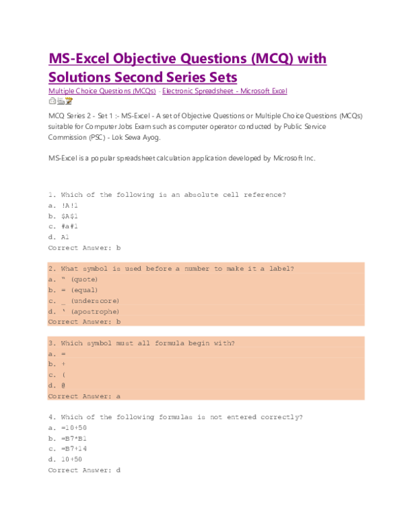 advanced excel objective questions and answers pdf