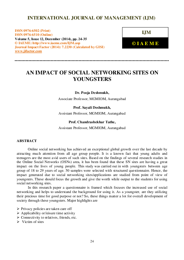 (PDF) AN IMPACT OF SOCIAL NETWORKING SITES ON YOUNGSTERS INTERNATIONAL ...