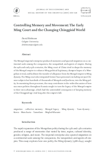 Controlling Memory and Movement: The Early Ming Court and the Changing Chinggisid World