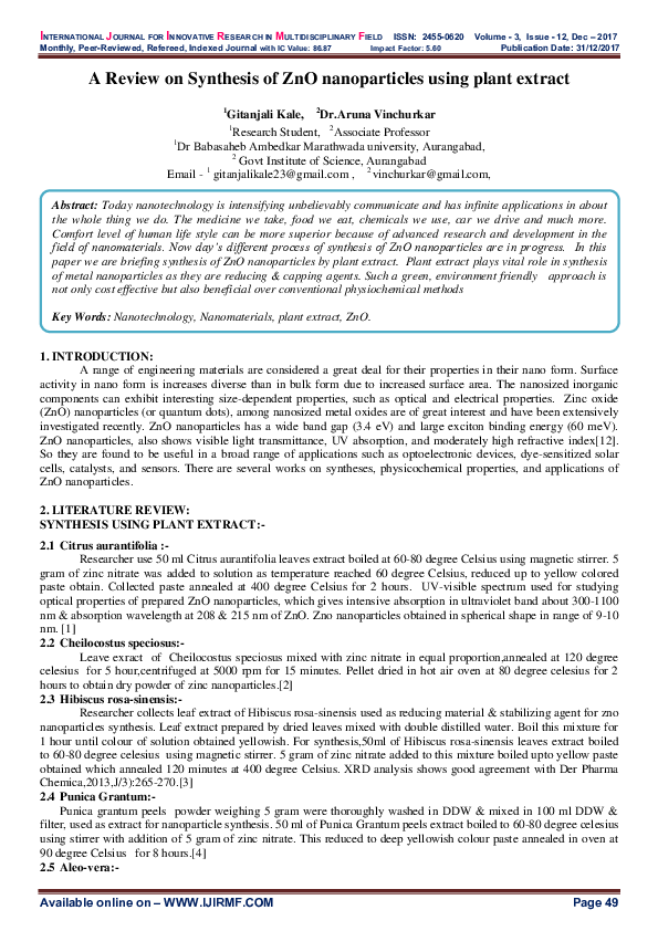 (PDF) . A Review on Synthesis of ZnO nanoparticles using plant extract