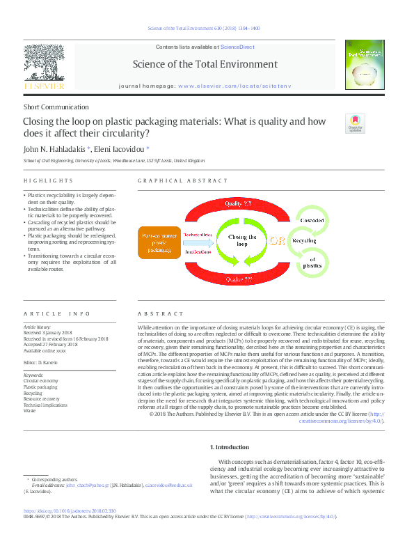 (PDF) Closing the loop on plastic packaging materials What is quality