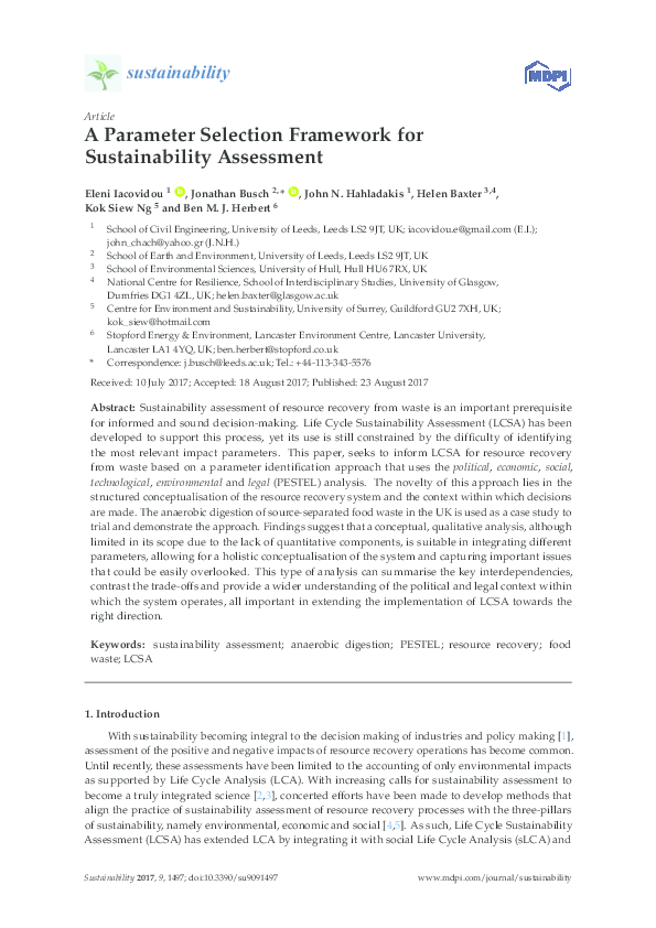 (PDF) A Parameter Selection Framework for Sustainability Assessment
