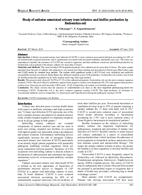 (PDF) Study of catheter associated urinary tract infection and biofilm