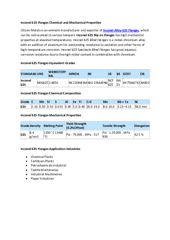 (DOC) Inconel 625 Flanges Chemical and Mechanical Properties
