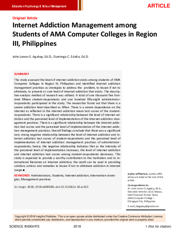 (PDF) Addiction Management among Students of AMA Computer