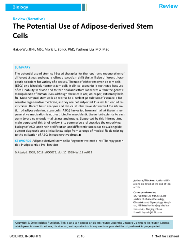 (PDF) The Potential Use of Adipose-derived Stem Cells