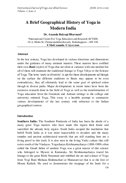 (PDF) A Brief Geographical History of Yoga in Modern India Ananda B