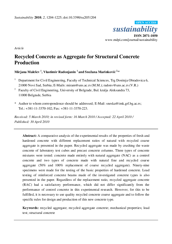 Recycled Concrete as Aggregate for Structural Concrete Production